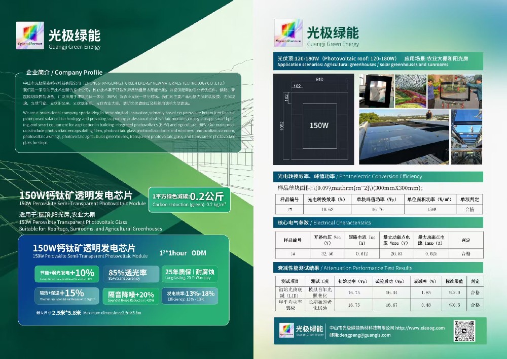 150W（钙钛矿透明发电芯片），适用于农业大棚和阳光房顶